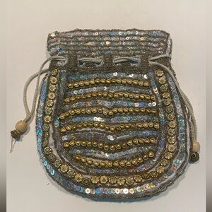 Made in Jamaica, Hand made, Beaded Purse, Silver and Gold, Drawstring